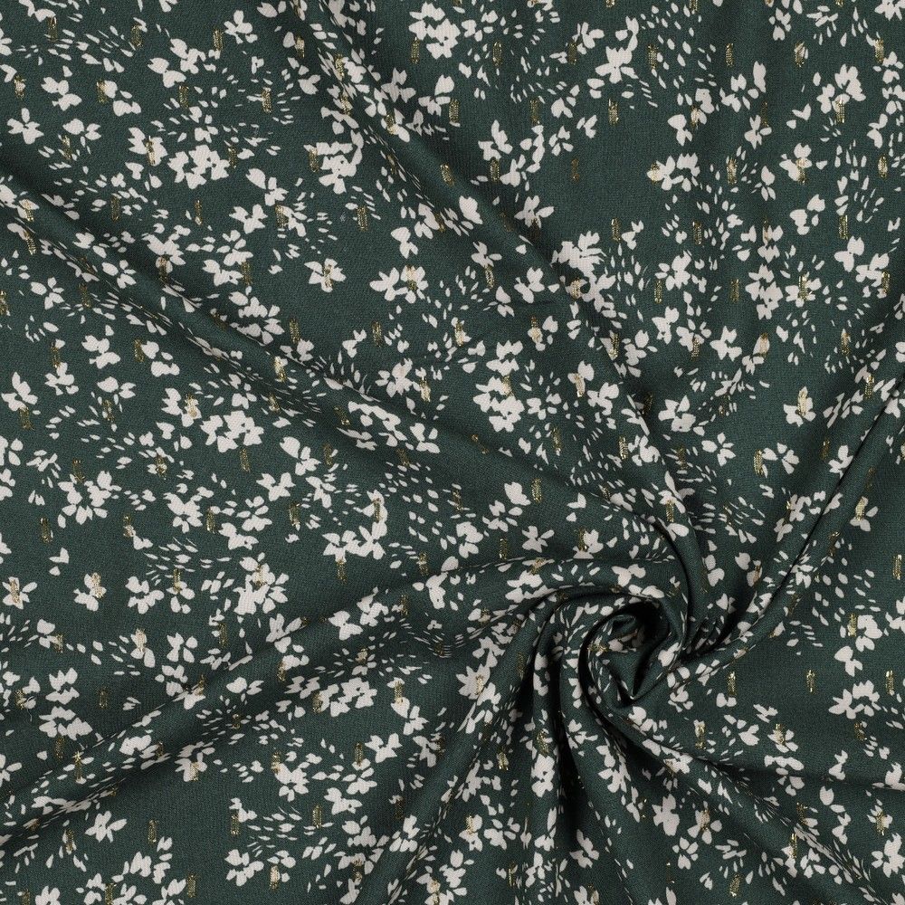 Floral Lurex Gold 100% Viscose Challis dress fabric by the half metre.