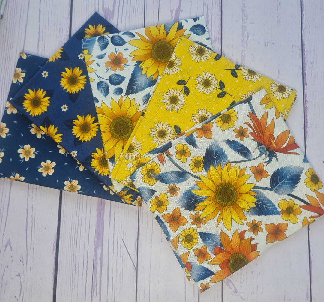 Golden Sunflowers - floral cotton quilting fabrics 5 fat quarter bundle.