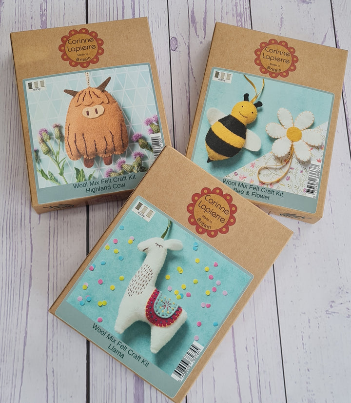 Animal felt craft kits, Corinne Lapierre, UK - Highland cow, bee, llama