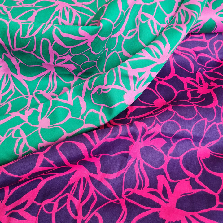 100% Cotton Satin Floral Magnolia Nerida Hansen - Dark Purple and Dark green per 1/2m