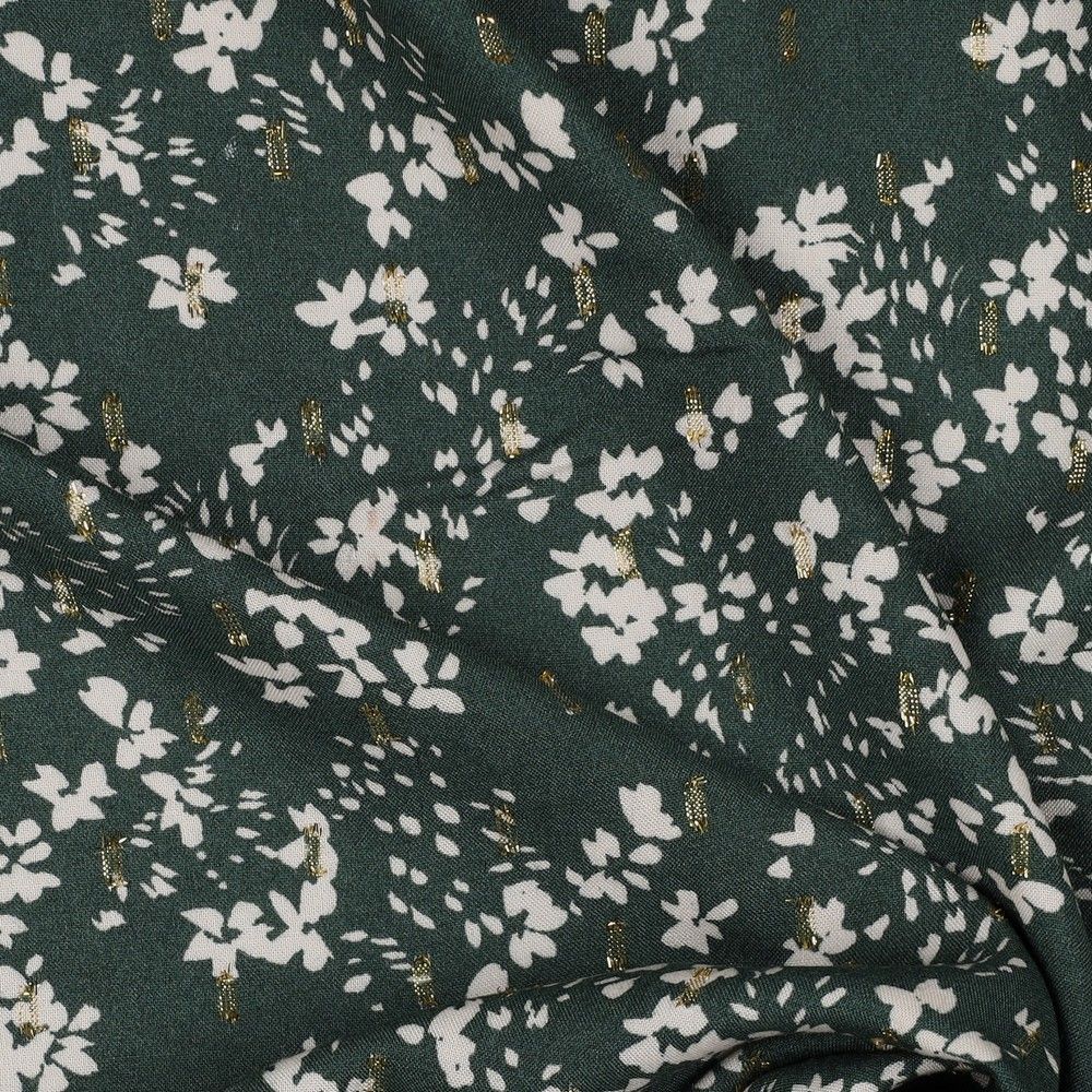 Floral Lurex Gold 100% Viscose Challis dress fabric by the half metre.