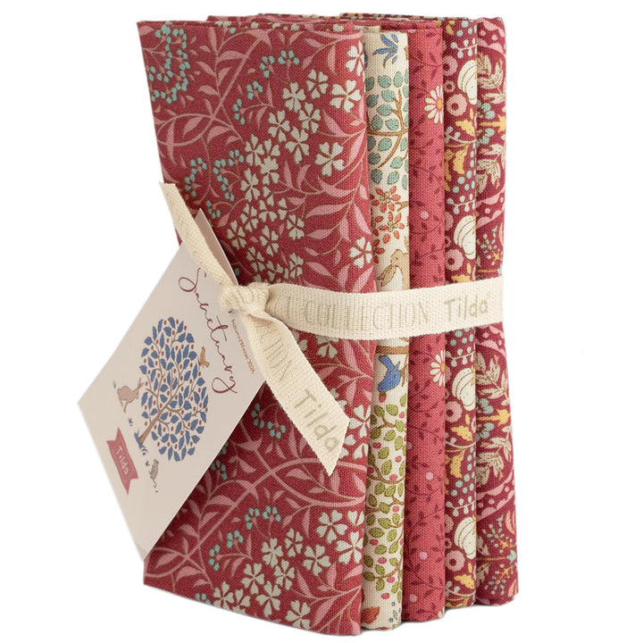 Tilda Sanctuary floral fabrics fat quarter bundle of 5 cotton fabrics - blue, green, maroon, ochre.