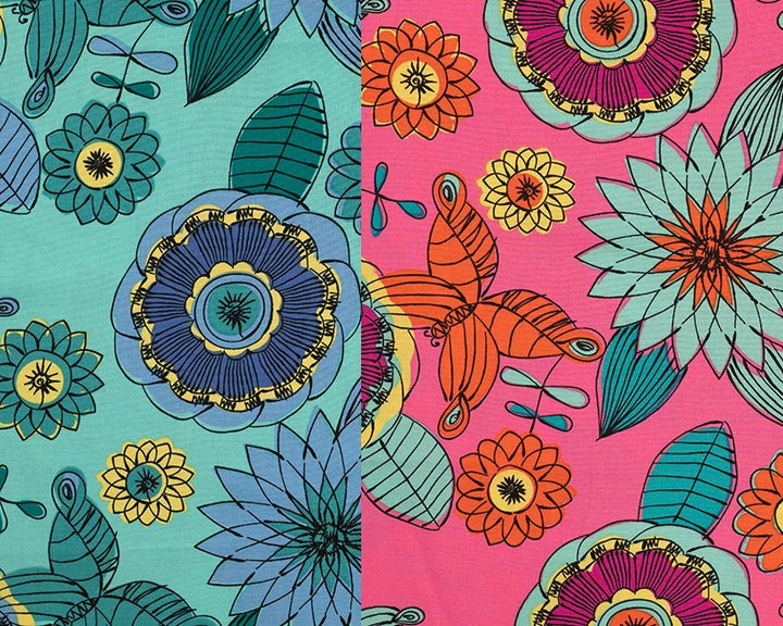 Pink / Aqua 100% Viscose Bright Abstract Floral Challis dress fabric by the 1/2m