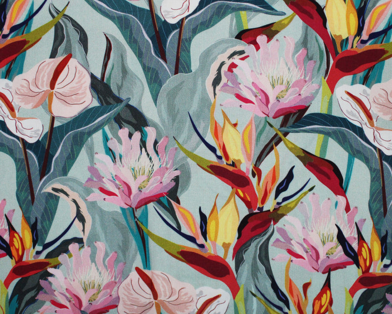 Tropical Flowers 100% Viscose Challis dress fabric per 1/2m. Little Johnny