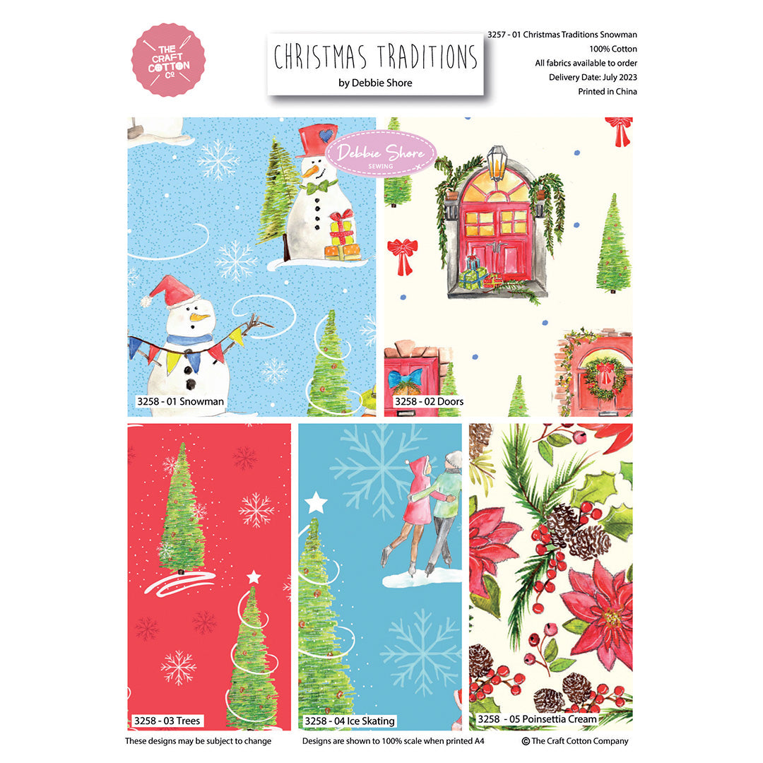 Christmas Traditions Snowman cotton fat quarter bundle of 5 quilting fabrics. Debbie Shore