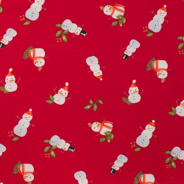 Red Snowman Christmas cotton jersey knit T-shirt, Oeko-tex fabric. By the half metre.