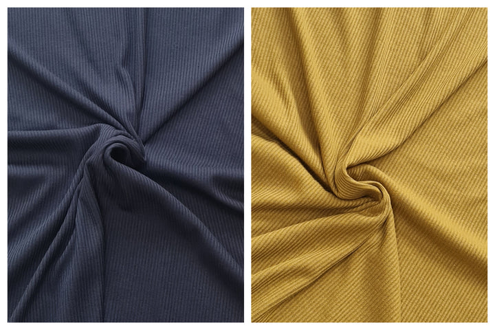 Rib knit stretch jersey dress, T-shirt fabric, blue. Navy/mustard.