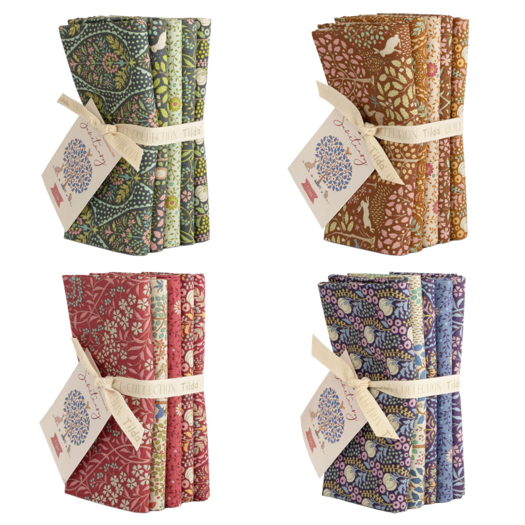 Tilda Sanctuary floral fabrics fat quarter bundle of 5 cotton fabrics - blue, green, maroon, ochre.