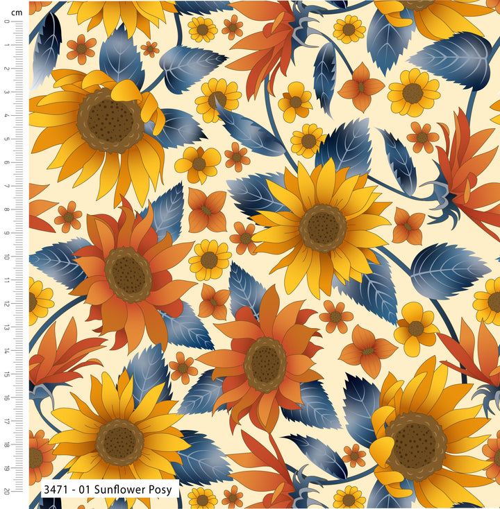 Golden Sunflowers - floral cotton quilting fabrics 5 fat quarter bundle.