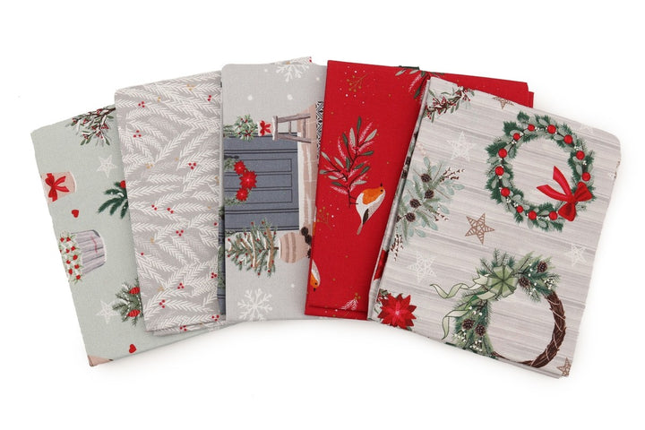 Welcome Home Christmas Wreath cotton fat quarter bundle of 5 quilting fabrics.