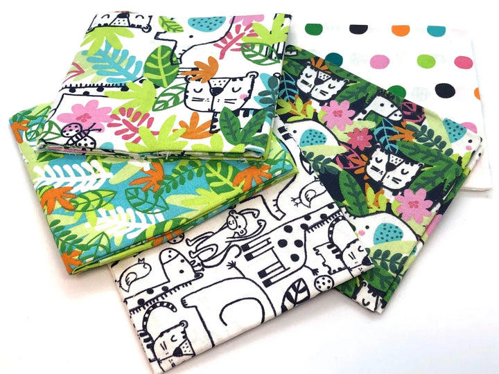 Hide and Seek 5 x fat quarter bundle. Fun animal kids quilting cotton fabric.