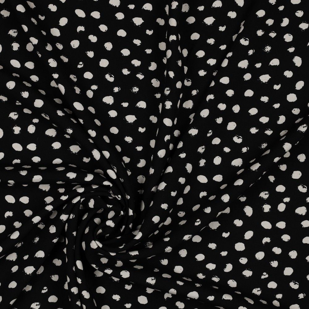 Random dots 100% Viscose Challis dress fabric by the half metre. Navy/green/black.