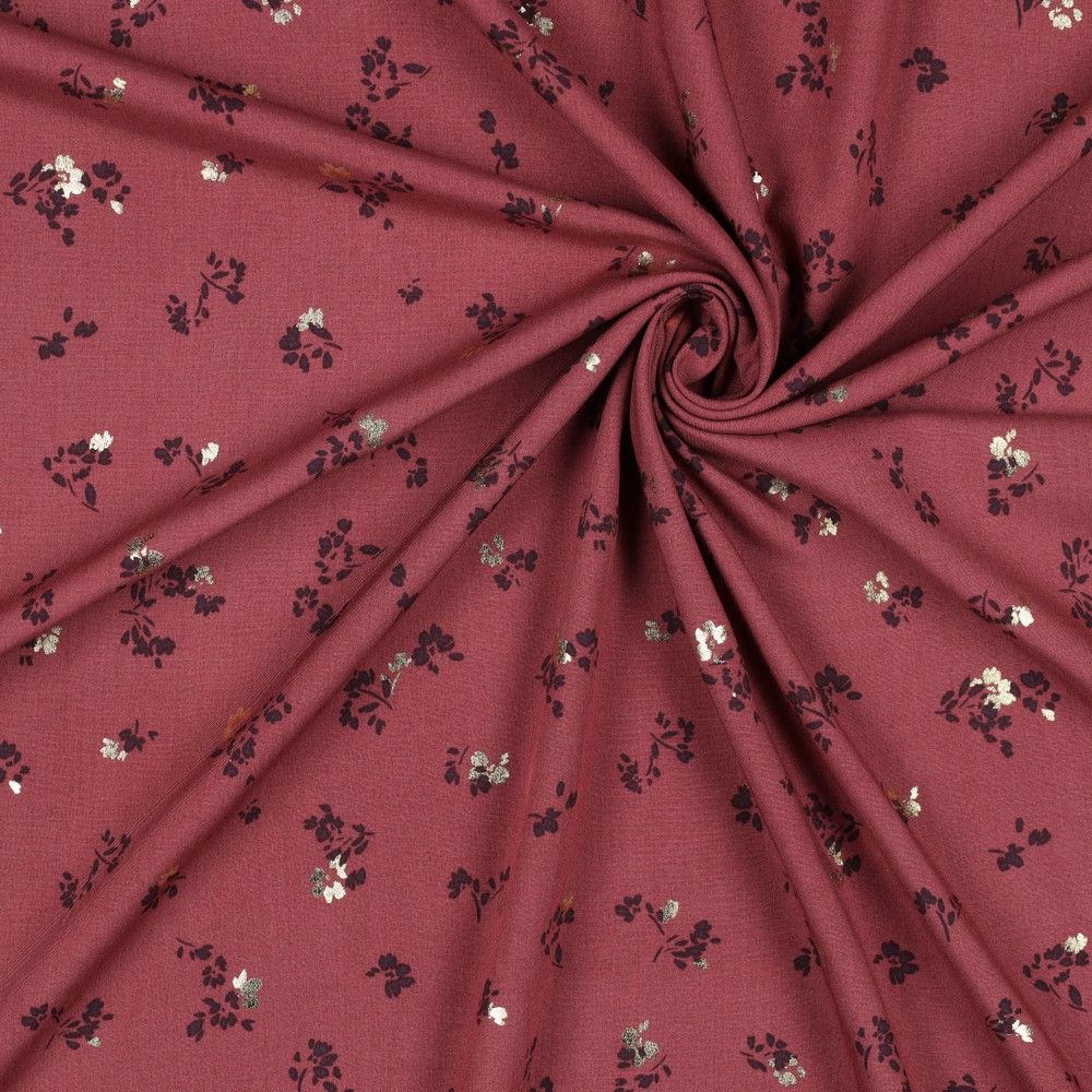 Floral Foil 100% Viscose Challis dress fabric by the half metre. Rose/beige/black.