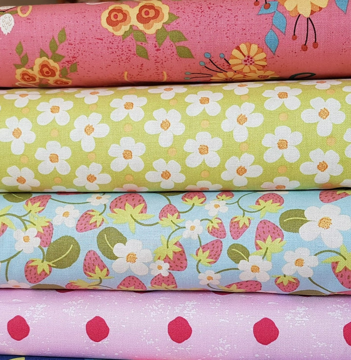 Strawberry Jam cotton fabric. Riley Blake. Pink, green daisy floral, polkadot quilting fabric. Fat quarter bundle or per FQ