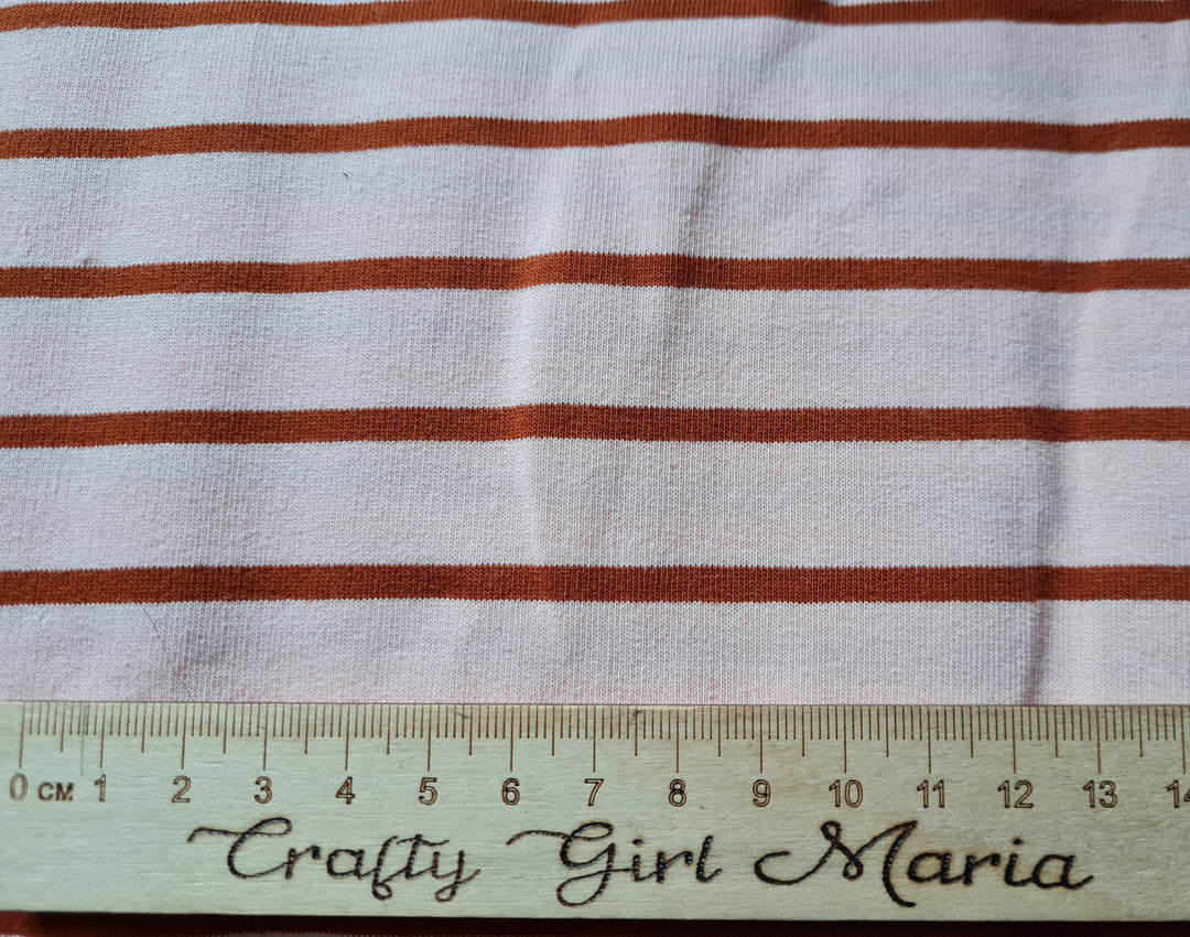 Yarn Dyed French Terry Stripe - powder/brick stretch cotton dressmaking fabric.