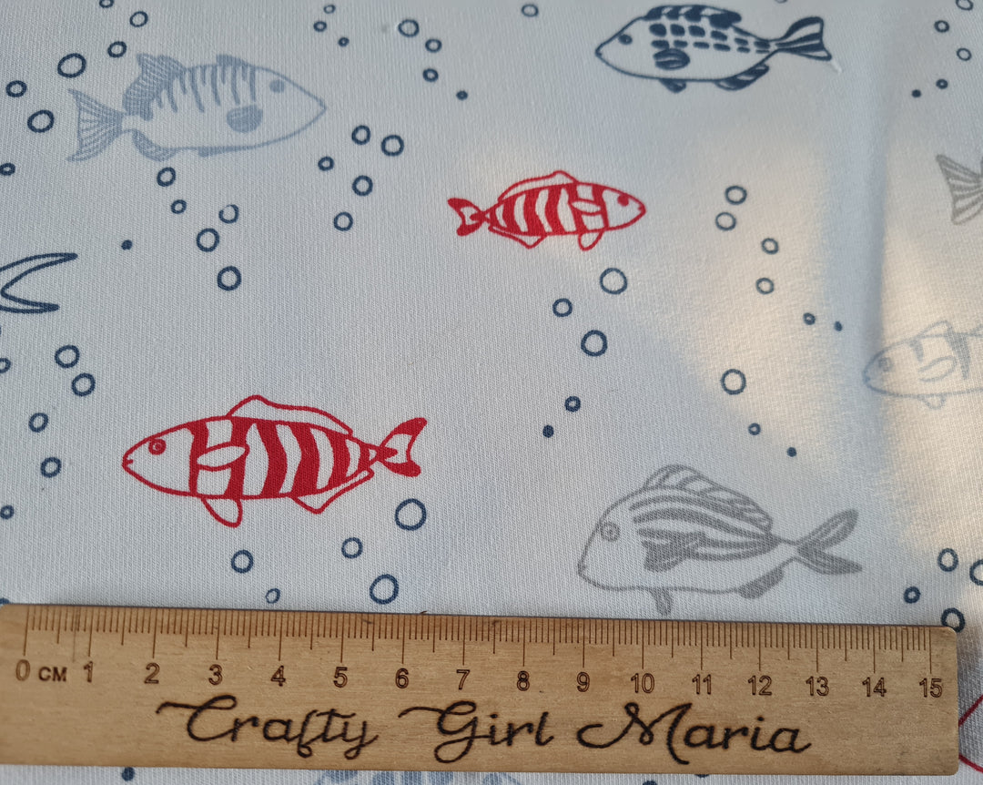 Nautical Fish white cotton French terry jersey knit T-shirt, dressmaking fabric.