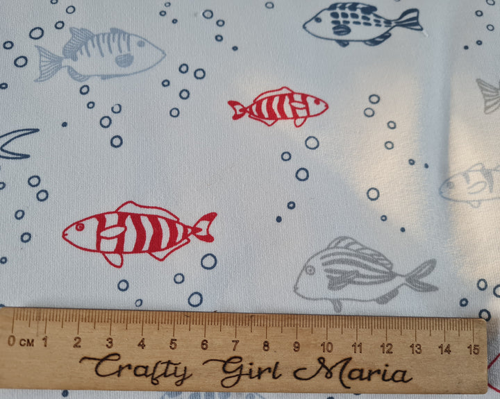 Nautical Fish white cotton French terry jersey knit T-shirt, dressmaking fabric.