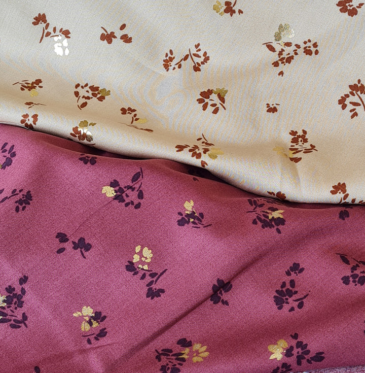 Floral Foil 100% Viscose Challis dress fabric by the half metre. Rose/beige/black.