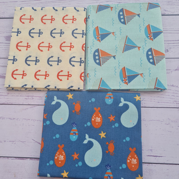 Sailors 5 x fat quarter bundle craft cotton fabric. Nautical, boat Quilting fabric.