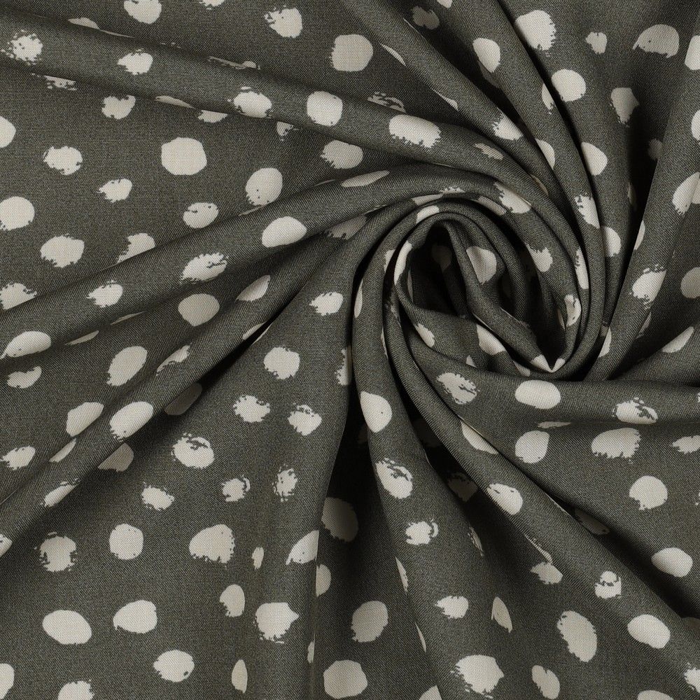 Random dots 100% Viscose Challis dress fabric by the half metre. Navy/green/black.