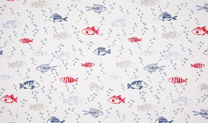 Nautical Fish white cotton French terry jersey knit T-shirt, dressmaking fabric.