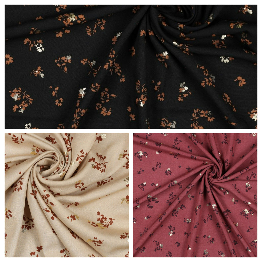 Floral Foil 100% Viscose Challis dress fabric by the half metre. Rose/beige/black.