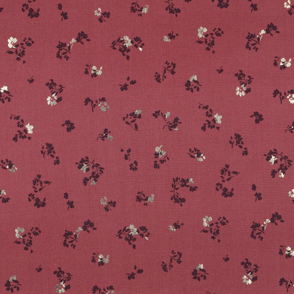 Floral Foil 100% Viscose Challis dress fabric by the half metre. Rose/beige/black.