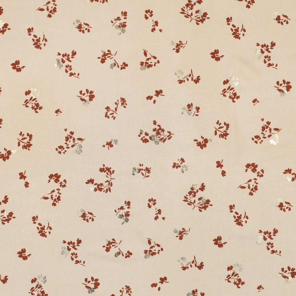 Floral Foil 100% Viscose Challis dress fabric by the half metre. Rose/beige/black.