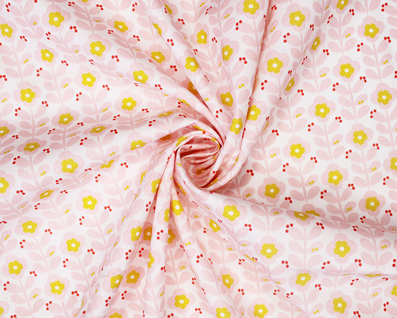 Orla Poppy leaves Poplin 100% cotton fabric, by the half metre.. Pink retro floral fabric.