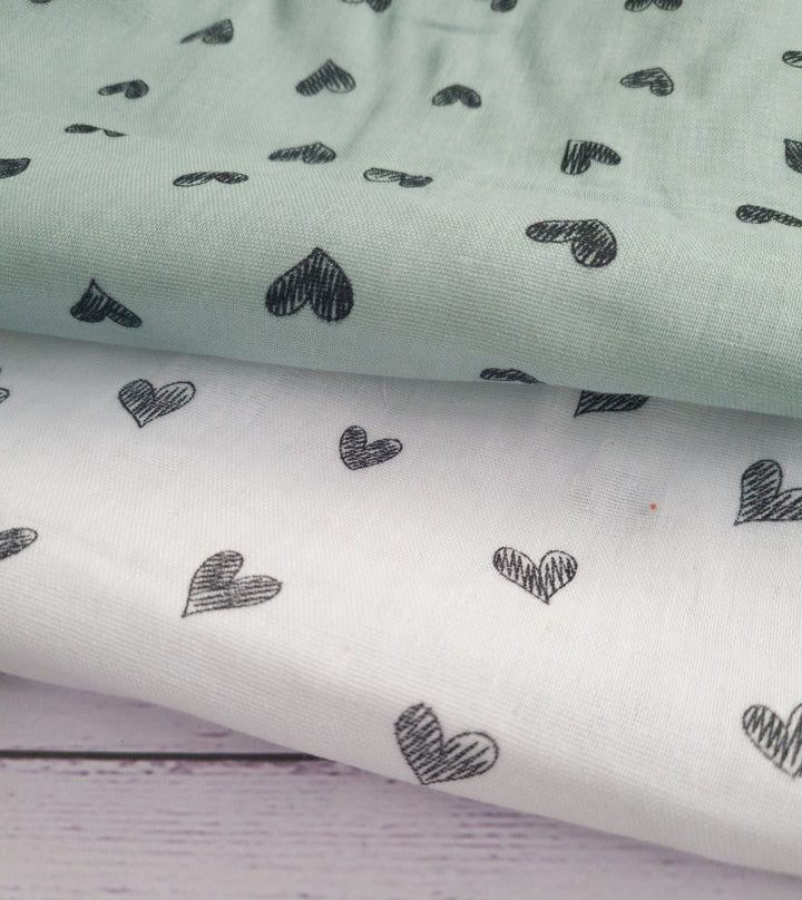 Doodle Hearts muslin nursery, dress fabric by the half metre. 100% cotton muslin