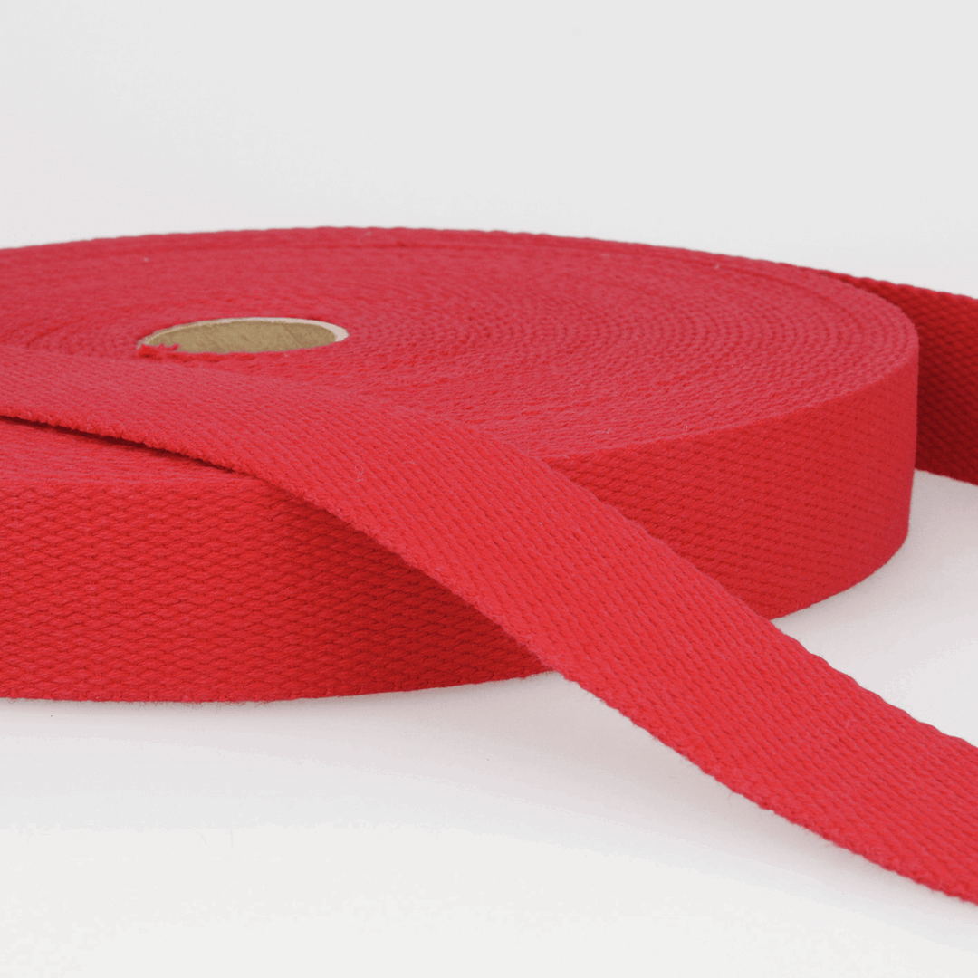 Solid Plain Cotton Webbing: 25 mm wide bag strapping. 20 colours. Per metre.