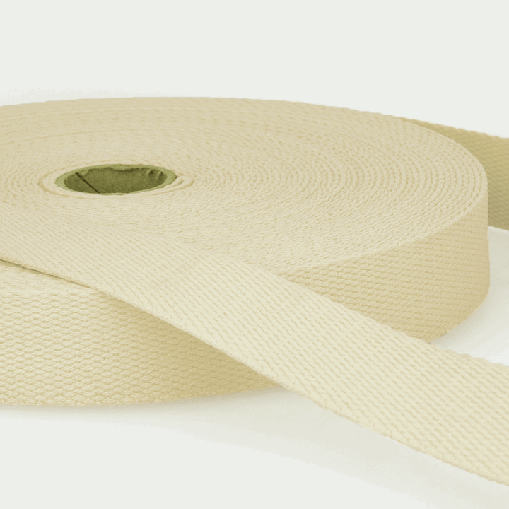 Solid Plain Cotton Webbing: 25 mm wide bag strapping. 20 colours. Per metre.