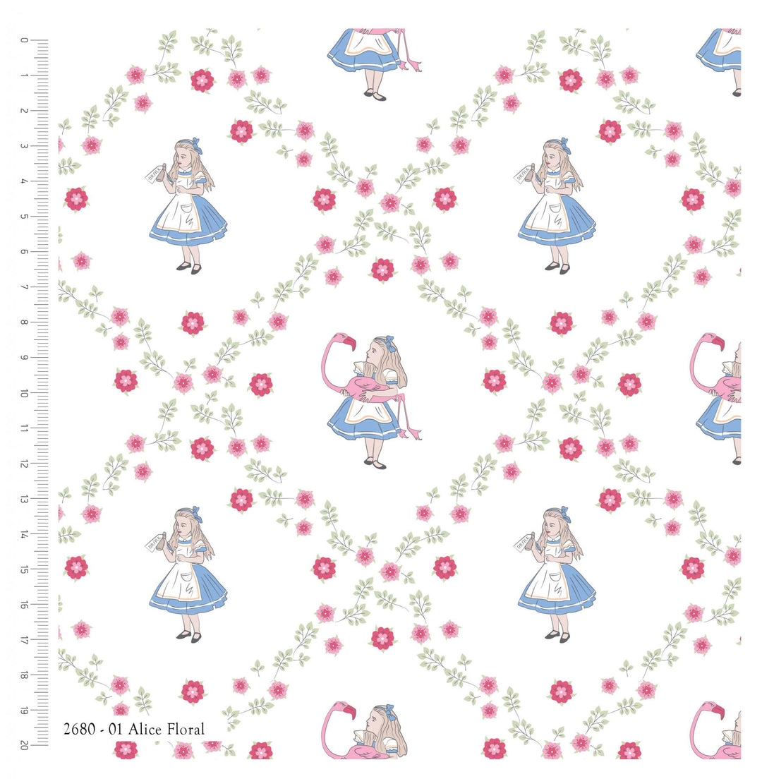 Alice in Wonderland floral cotton poplin. Kids, nursery quilting fabric.