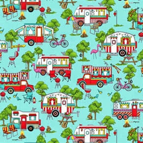 Roaming Holiday By Studio E. Campervan, caravan, camping quilting cotton.